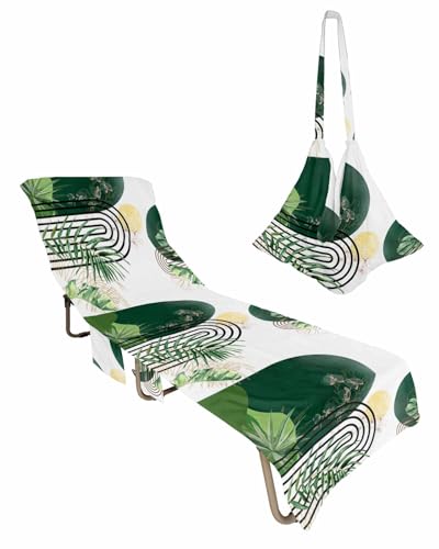 Boho Turquoise Beach Lounge Chair Towel Cover, Soft Chaise Lounge Towel with Side Pockets Patio Pool Chairs Cover for Beach/Pool Sunbathing 29x85 Modern Geometric Abstract Palm Leaf