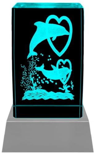 Kaltner Präsente Stimmungslicht - Das perfekte Delfin Geschenk: LED Kerze/3D Kristall Glasblock, Delphin Nachtlicht, LED Geburtstagsdeko, Schlafzimmer Deko