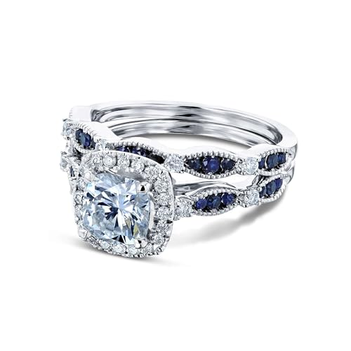 Kobelli Moissanite and Blue Sapphire Halo Bridal Rings Set