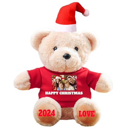 Personalized 2025 Photo Text Christmas Handmade Bear Plush Gift for Women Kids First Merry Christmas Customized Stuffed Animal Bear Home Decoration Red Hat