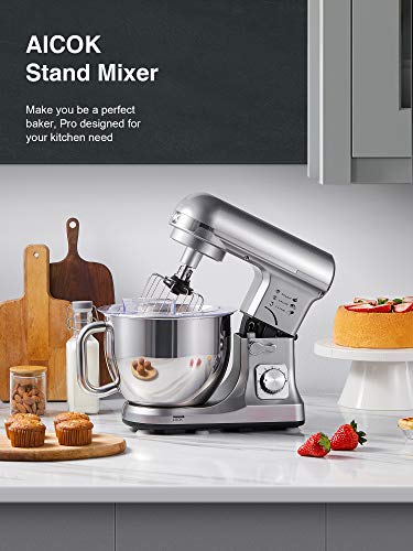 Stand Mixer, Aicok 5.5 Qt Double Dough Hooks Stand Mixer, with Whisk, Beater, Stainless Steel Bowl, 6 Speeds Tilt-Head Food Mixer, Kitchen Electric Mixer with Pouring Shield, Silver