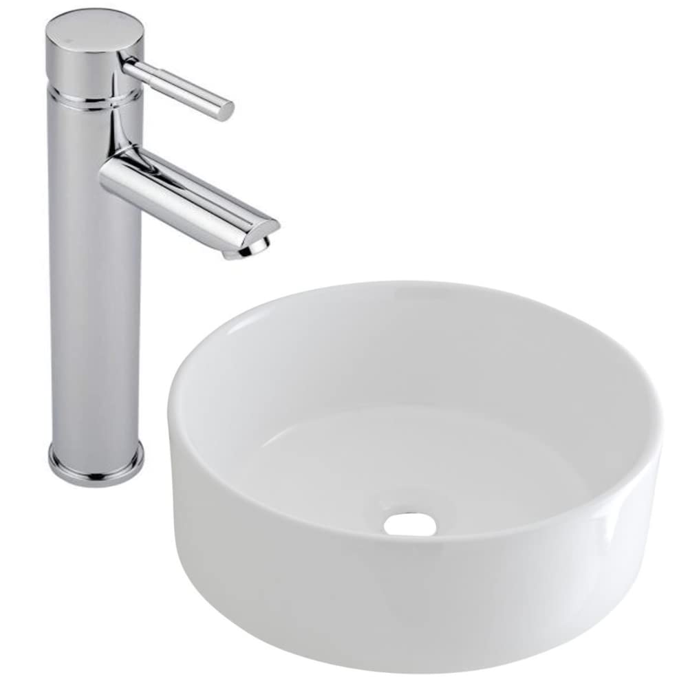 Milano White Ballam Round Countertop Bathroom Basin Sink High Rise Mixer Tap - 400Mm