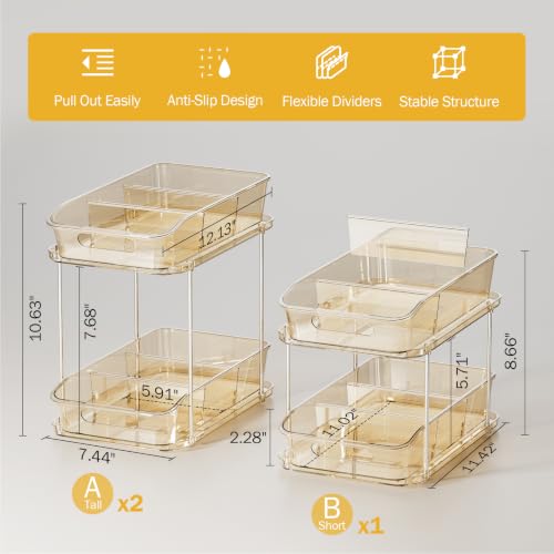 Image of Delamu 2-Tier Under Sink Organizers and Storage, Multi-Purpose Stackable Bathroom Cabinet organizers, Pull Out Kitchen Pantry Organization and Storage with Dividers(3 Pack, Amber)