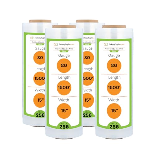 PSBM Stretch Wrap, 256 Pack, 15 Inch x 1500 Feet, 80 Gauge, Clear Plastic Cling, Cast Hand Stretch Film Rolls for Packaging Moving Packing Pallets