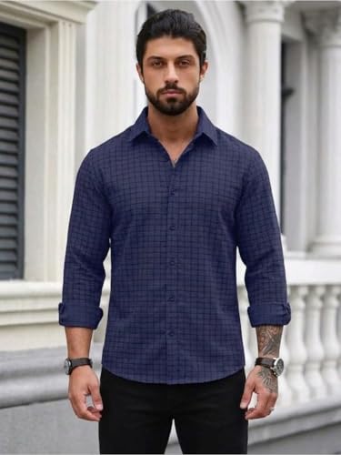 Image of DEELMO Men's Regular Fit Button Down Dress Shirts Textured Long Sleeve Casual Hawaiian Shirt