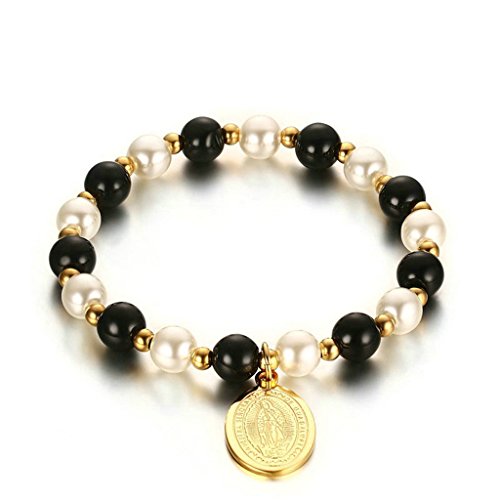 Anazoz Bijoux Fantaisie Bracelet Plaqué Or Femme&Homme Pendentif Reine du ciel, Perles Noir & Couleur d'ivoire Gourmette Religieuse