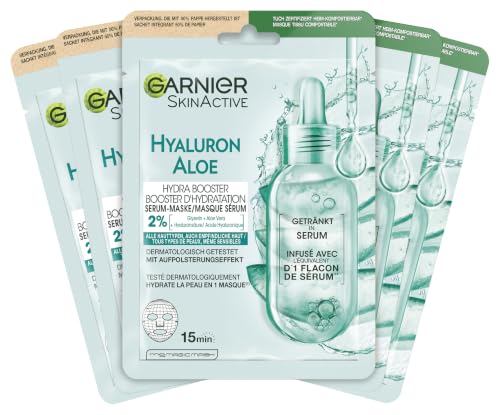 Garnier Serum-Tuchmaskenset Aloe Vera für alle Hauttypen Erfrischend und feuchtigkeitsspendend Mit Hyaluronsäure Aloe Vera und Glycerin SkinActive Aloe Hydra Booster Serum-Tuchmaske 5x 28g