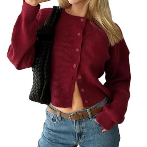 Solid Color Cardigan Sweaters for Women, Button Knit Long Sleeve Shirts for Women Crewneck Crop Top, Retro Y2k