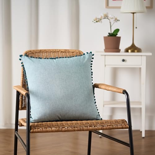 Image of 100% Cotton Pom Pom Cushion Without Filler, Elegant & Modern Cushion Cover for Living Room, Square Shape, 16 inchx16 inch, uni Chambray, Set of 2 - Teal Green