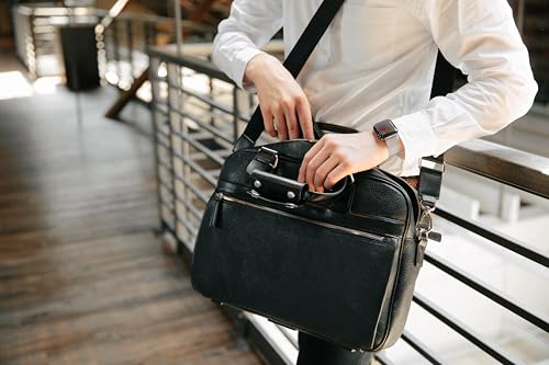 Bosca Leather Messenger Bag for Men Italian Pebble & Smooth Grained Leather - Fits 16" Laptop - RFID Blocking - Trolley Strap - Lightweight - Black2