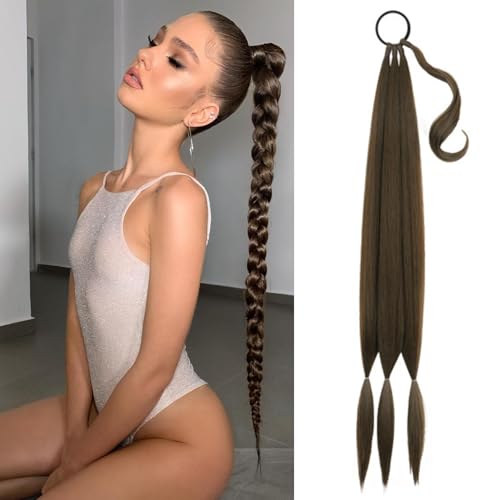 Kmzbasg Long Braid Ponytail Extension with Hair Tie DIY Wrap Around Synthetic Hairpiece Natural Soft Fluffy Style for Women’s Daily Wear （34 Inches Mixed Brown）