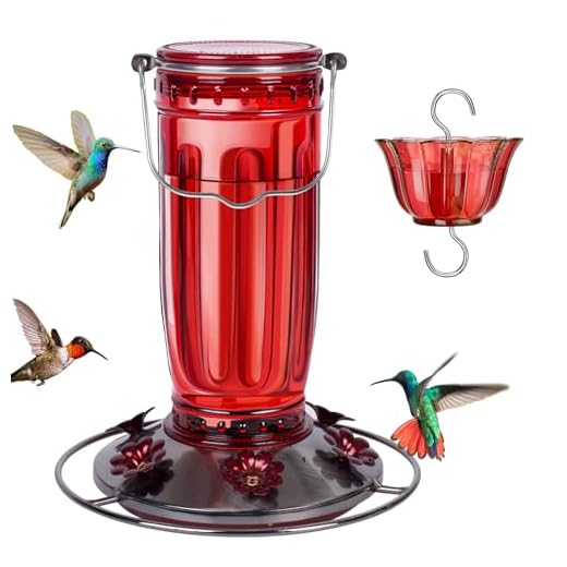 Kingsyard Glass Hummingbird Feeder for Outdoors Wild Bird Feeder with 6 Feeding Ports Hanging for Garden Yard, Red (Ant Moat Included)