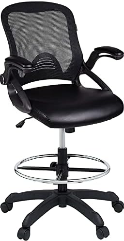 ELECWISH Ergonomic Drafting Chair - Adjustable Height Tall Office Chair for Standing Desks with Flip-up Arms Foot Rest Mesh Back Soft PU Leather Seat, Reception Desk Chair in (Black)