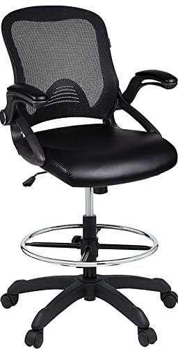 Elecwish Ergonomic Drafting Chair - Adjustable Height Tall Office Chair For Standing Desks With Flip-Up Arms Foot Rest Mesh Back Soft Pu Leather Seat, Reception Desk Chair In (Black) #TOP9