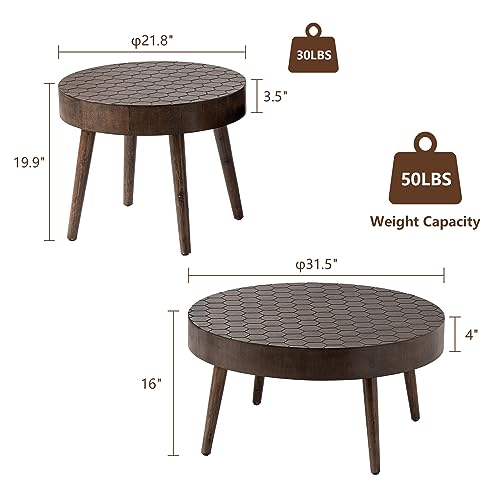 Cosiest Farmhouse Round Coffee Table Set, End Table Set Of 2, Modern Nesting Table With Honeycomb Pattern, Wood Cocktail Table For Living Room, Brown #TOP1