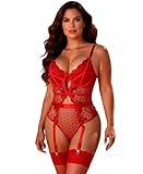 ohyeahlady Women's Lingerie Sets Sexy Floral Embroidered Mesh Bodysuit with Garter Belt Plus Size Sexy Outfits for Women UK 12 Red