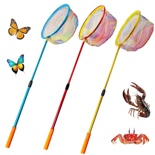 Aqwxc Fishing Net 3 Pack Retractable Lightweight Landing Net with Aluminum Rod Handle Kids Fishing Nets for Youth Catch and Release Butterfly Nets (3Pack（Blue+red+Yellow）)