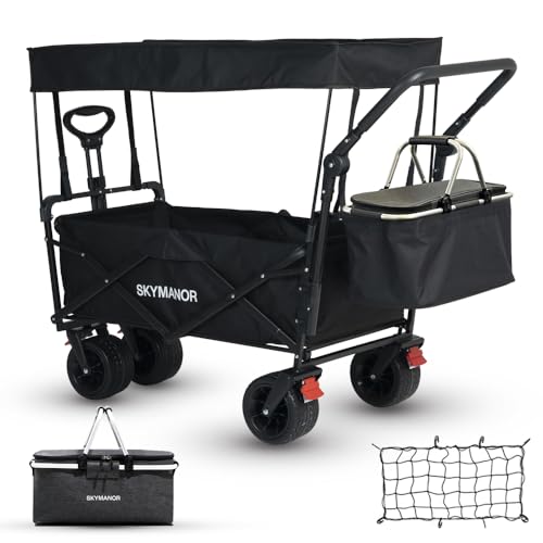 Image of SKYMANOR Collapsible Wagon with Removable Canopy, 3-in-1 Heavy Duty Garden Cart with Big All-Terrain Wheels, Brakes, Adjustable Push Pull Handle, Cooler Bag, 300LBS Wagon Cart for Camping (Black)