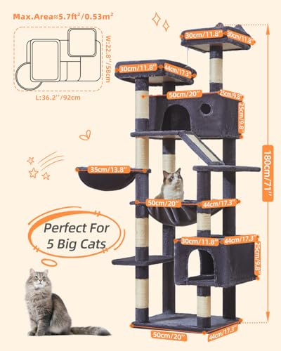 Image of Taoqimiao Cat Tree 71-Inch, Cat Tower for Indoor Cats Large Adult, Multi-Level Large Cat Condo, 8 Sisal Scratching Posts, Metal Frame Cozy Hammock, Scratch Board, 2 Top Perches, Smoky Gray MS026LG