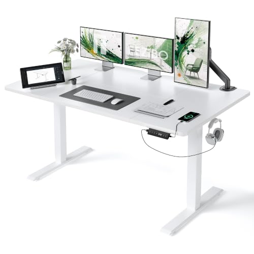 FEZIBO Höhenverstellbarer Schreibtisch mit USB-A und USB-C-Ladeanschlüssen, 160 x 80 cm Schreibtisch Höhenverstellbar Elektrisch, Ergonomischer Steh-Sitz Tisch für Heimbüro, Standing Desk, Weiß