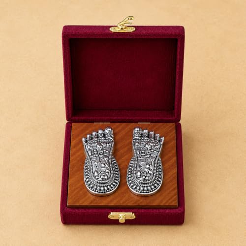 Image of DIVINITI 999 Silver-Plated Laxmi Charan Paduka with Luxury Gift Box | Vastu-Compliant Lakshmi Charan Paduka for Wealth, Prosperity & Positive Energy | Home Temple, Diwali & Housewarming Gift(7X3CM)