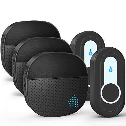 Timbre inalámbrico de 400 m, alcance IP55, exterior, resistente al agua, con 3 receptores enchufables, 2 transmisores con pilas, 55 melodías de sonido, 5 niveles de volumen, indicador LED, color negro Cover