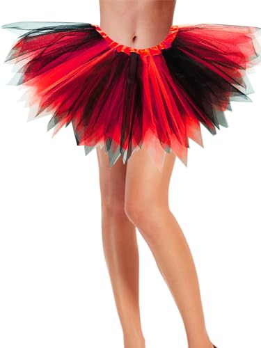 SUFEINI Women Adult Tutu Skirt 3-Layer Tulle Teens Princess Ballet Red and Black Halloween Tutu Skirt