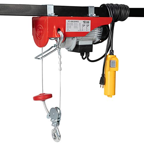 TUFFIOM 440 LBS Lift Electric Hoist Crane, 120V Electric Winches Wire Remote Control, Carbon Steel Overhead Ceiling Mount Garage Pulley, Single/Double Slings