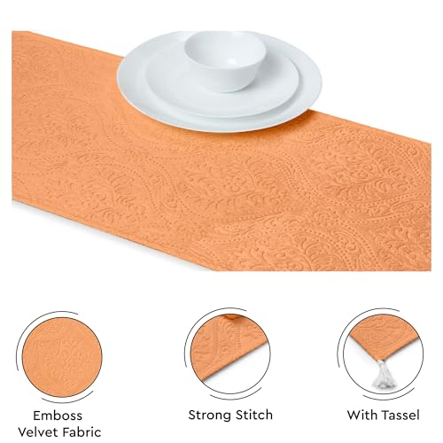 Image of Encasa XO 4 Seater Dining Embossed Velvet Table Runner | Size 32x150 cm | Peach Color with Premium Polyester - Machine Washable