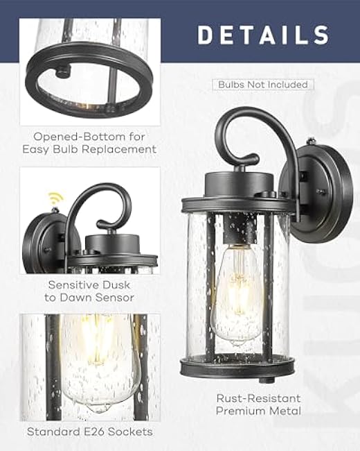 kudos Dusk to Dawn Outdoor Lighting, 12.5 inch Porch Lights Outdoor, Anti-Rust Waterproof Cylinder Wall Light for Patio, Garage, Black with Seeded Glass, KDOWL01-BK-LC
