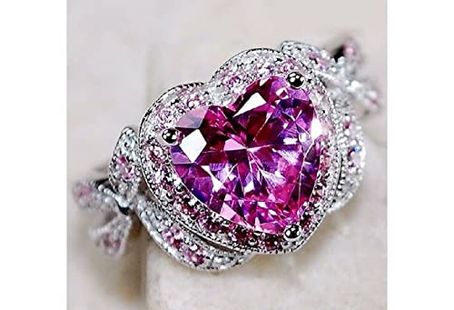925 Sterling Silver Heart Shape Perfect Cut 3 Carat Pink Gemstone Rings Fashion Women's Pink Crystal Rings Cubic Zirconia Promise Love Halo Engagement Wedding Rings Women's Eternity Rings 560 (6)2