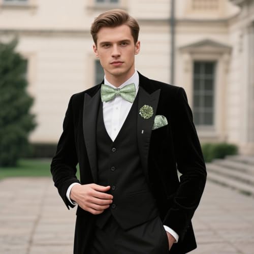 Image of DiBanGu Pre-Tied Bow Ties for Men Silk Adjustable Tuxedo Bowties Pocket Square Cufflinks Set with Lapel Pin Jacquard Woven
