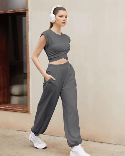 SUUKSESS Women 2 Piece Matching Lounge Workout Sets Outfits Sleeveless Cropped Tops Summer High Waisted Wide Leg Pants2