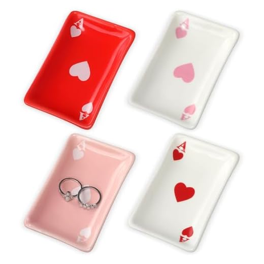 Vesici 4 Pcs Valentine's Day Jewelry Plate Trays Ace of Hearts Ceramic Ring Dish Deck of Cards Pattern 2.5'' x 4'' Ceramic Decoration for Bachelorette Wedding Poker Party Favors