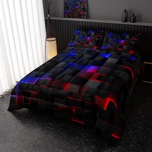 Image of Nttopship Neon Blue and Red Black Comforter Set Full Geometric Kids Bedding Set,3 PCS Geometry Honeycomb Modern Room Decor Quilt Set 1 Comforter 2 Pillow Cases All Season B-Side Black