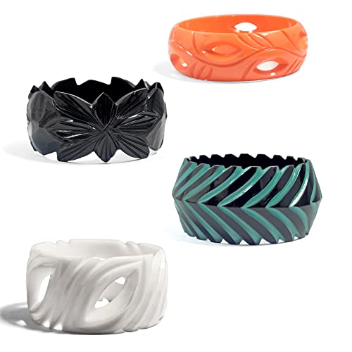 Pure Hands Camellia Tread - Reseller Pack Of 4 Colorful Hand-Carved Resin | Acrylic Bangle Bracelet Set For Women | Girls (2.6 Inches) #TOP20