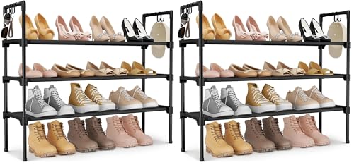 Image of LANTEFUL 3 Tier Shoe Rack for Closet, Shoe Organizer with 5 Hooks, Long Shoe Shelf Storage for Sneaker and Boot Stackable Free Standing Shoe Rack for Entryway, Garage, Small Spaces, Dorm (Pack of 2)