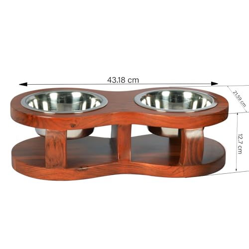 Image of Pure Souls Skye Pet Feeder, Natural Acacia Wood Feeders Stand, Elevated Dog Bowls 750 ml, Food Water Diner, Durable Double Bowl Feeding Stands for Dogs - Medium (43 x 21 x 12 cm)