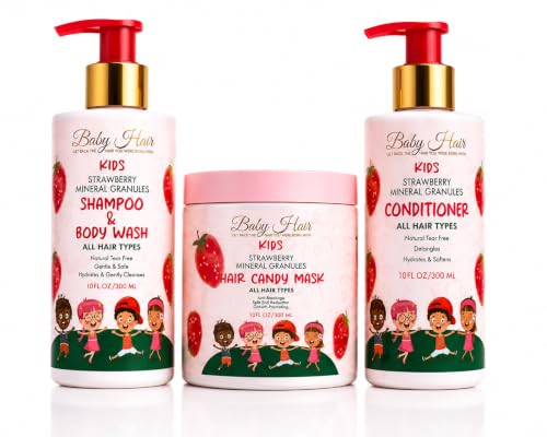 Image of BABY HAIR Kids Strawberry Hair Care Set - Shampoo & Body Wash, Conditioner & Hair Mask, Tear-Free, Sulfate-Free, pH-Balanced with Strawberry Oil, Camellia Oil & Biotin for Kids, 3-Piece Set