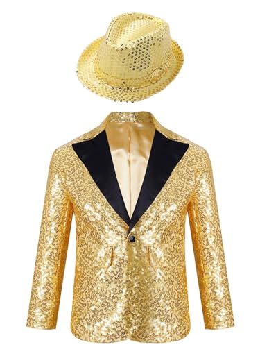 Freebily Children Boys Tuxedo Suit Shiny Sequins Blazer Jacket Formal Wedding Party Gentleman Coat Outwear and Hat Gold 13-14 Years