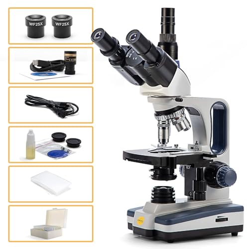 Swift SW350T Compound Trinocular Microscope,40X-2500X Magnification,Two-Layer Mechanical Stage,with 5.0 mp Camera and Software Windows/Mac Compatible and 5 PCS Prepared Slides and 5 PCS Blank Slides