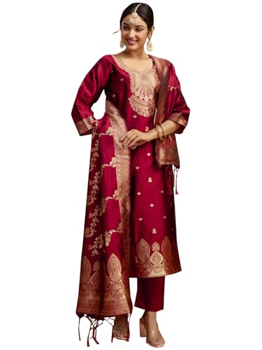 Image of VredeVogel Women's Cotton Silk Blend Zari Work Kurta Pant Set with Jacquard Silk Dupatta | Modern & Traditional Blend Ethnic Wear Set