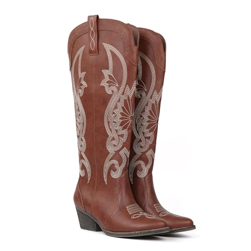 Image of Hawkwell Women's Cowboy Cowgirl Boots Slip On Pointed Toe and Block Heel Shoes with Classic Embroidered Pull On Tall Boot for Ladies Dress Western Knee High Boots