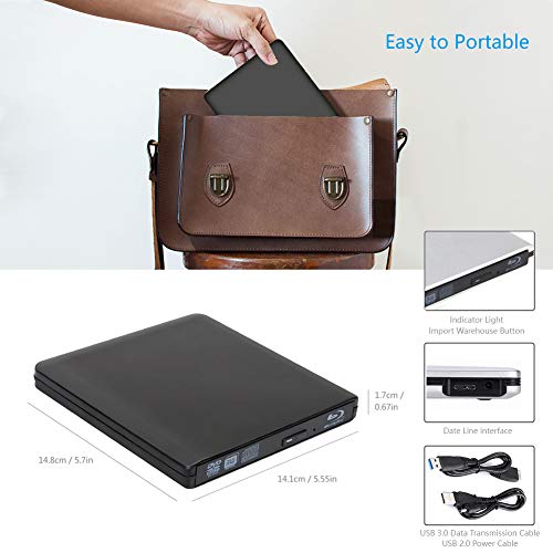 External Blu Ray DVD Drive Burner, Portable Ultra USB 3.0 Slim Blu Ray CD DVD Burner Player Reader Writer Disk for Mac OS, Windows 7/8.1/10 /Linxus, Laptop, PC (Black)