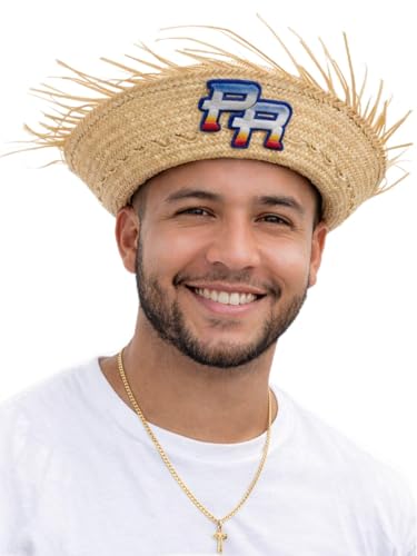 Puerto Rican Pava Hat Traditional Straw Jibaro Hat with Patch (Beige PR Natural)