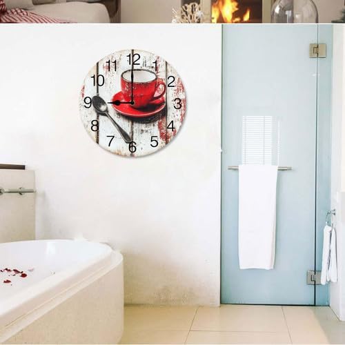 Miniatura 7 de Taza de café vintage de 10 pulgadas, silenciosa, redonda, sin tictac, reloj de pared de madera, funciona con pilas, reloj analógico de cuarzo para