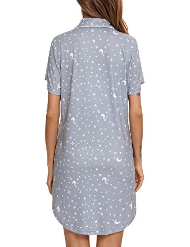 Image of Samring Pajama Nightgown for Women Short Sleeve Button Down Boyfriend Night Gown Nightdress Sleep Shirts