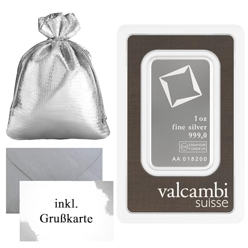 Silberbarren Valcambi Suisse 999 Feinsilber – im Originalblister – Silbergeschenk mit Geschenkbeutel & Grußkarte (1oz Silberbarren)