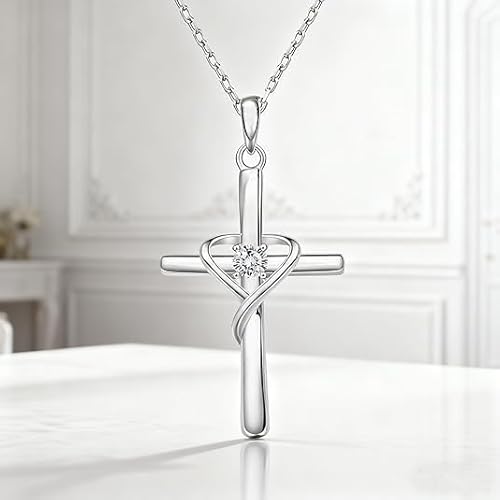 Women's 925 Sterling Silver Cross Necklace, Heart Cubic Zirconia Pendant Necklaces, M, Sterling Silver, No Gemstone