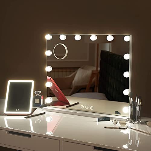 GTU Furniture Espejo de tocador con luces Hollywood para mesa/espejo de maquillaje montado en la pared con 14 bombillas LED regulables para tocador, dormitorio, baño
